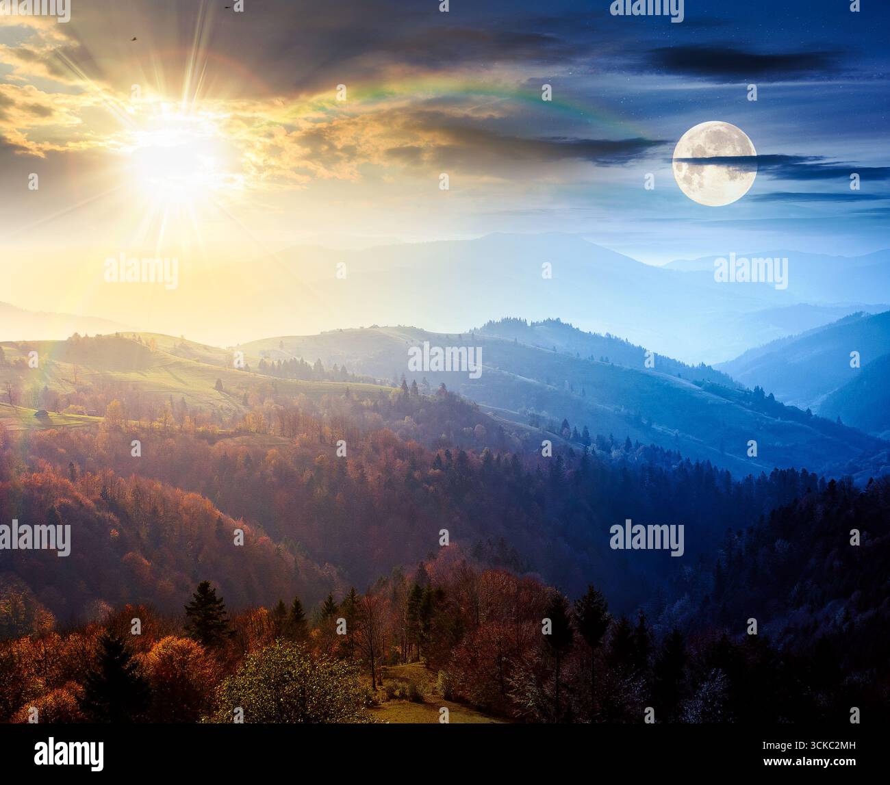 beautiful mountain landscape. day and night time change concept. wonderful countryside scenery on autumn equinox. rural pasture and trees in colorful Stock Photo