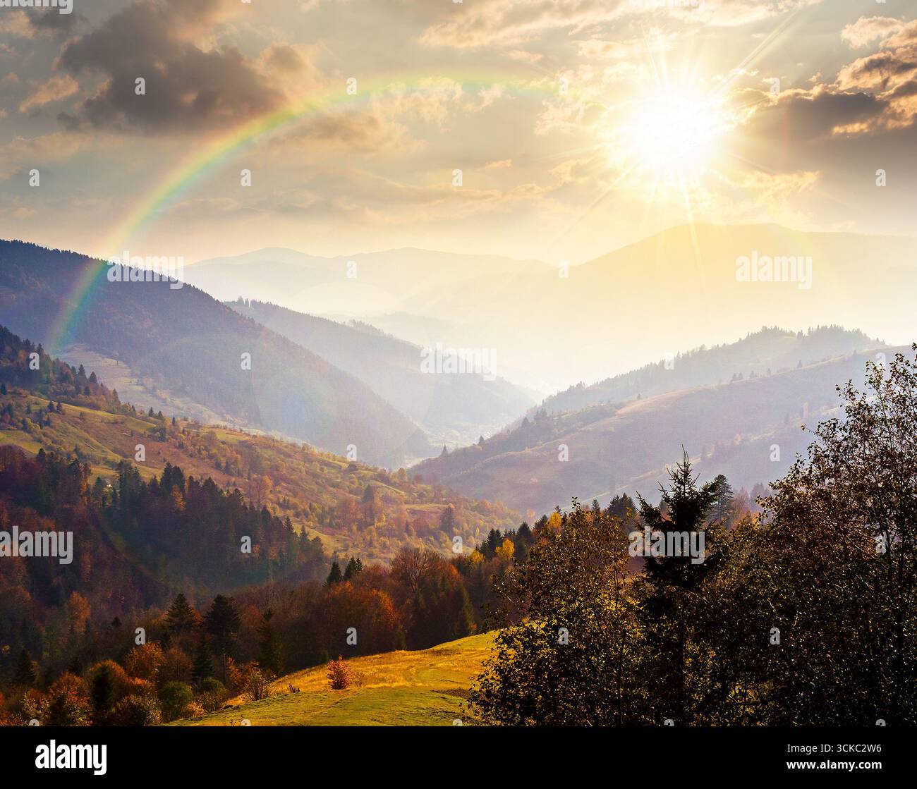 beautiful afternoon in carpathian mountains at sunset. scenic autumn weather. forest in colorful foliage. distant valley in haze and evening light Stock Photo