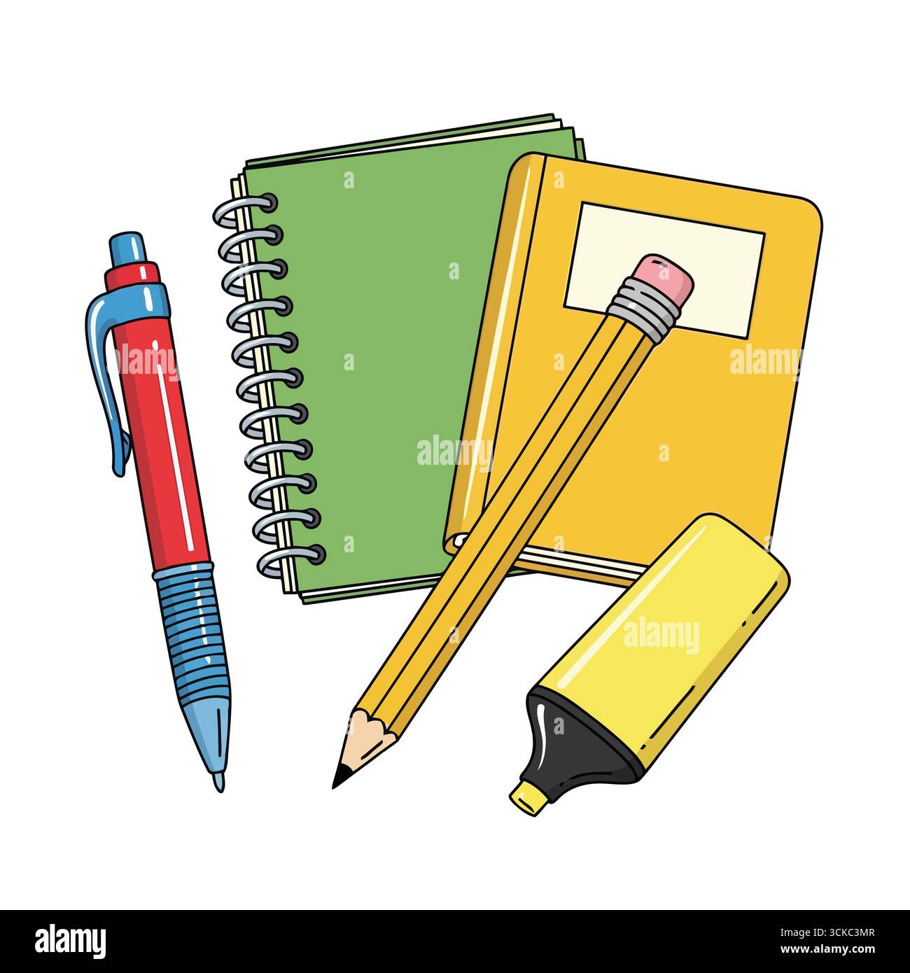 Vector art of stationery supplies including a pen, pencil, notebook, and highlighter, essential for writing, drawing, and organizing Stock Vector