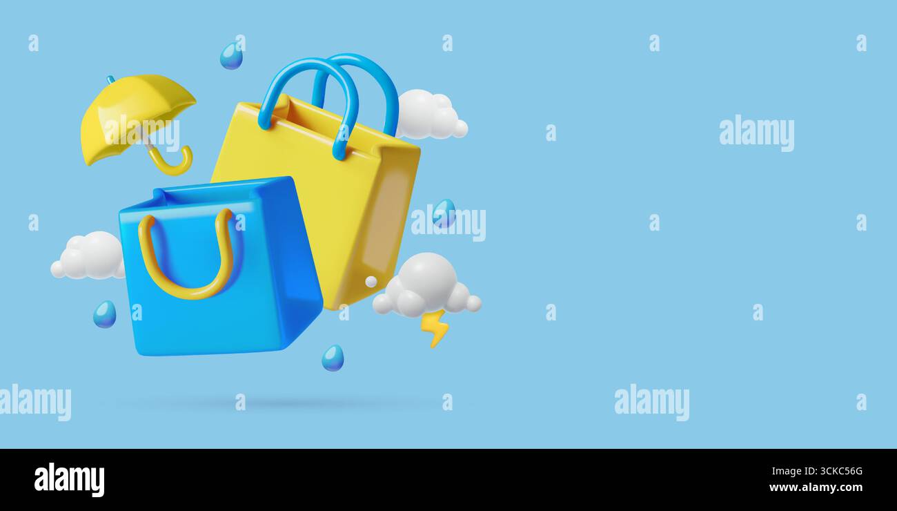 Monsoon sale 3D shopping bags icon with umbrella clouds and rain drops Stock Vector
