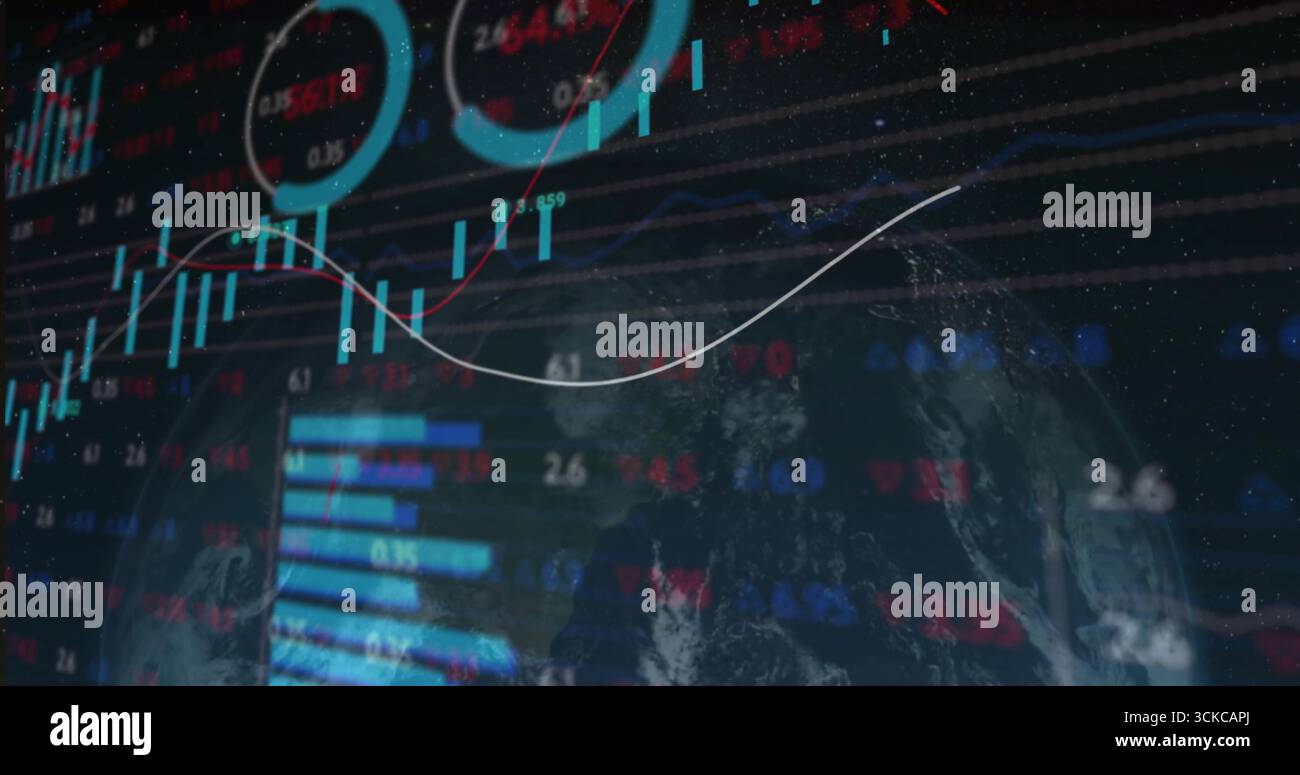 Displaying Earth globe overlaying trading dashboard with candlestick bars line chart and gauges. Technology, analytics, innovation, data visualization Stock Photo
