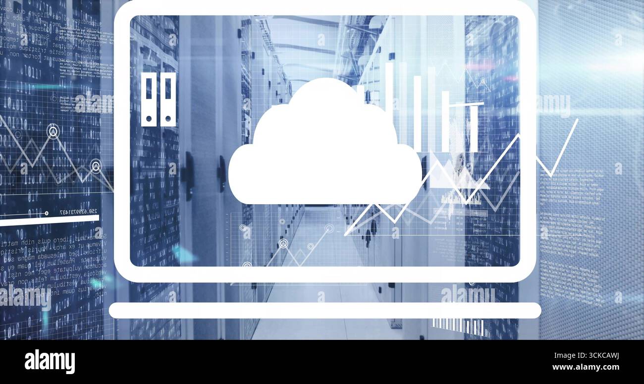 Displaying white laptop outline showing cloud icon over data center with racks and code overlays. Technology, cloud computing, data infrastructure, di Stock Photo