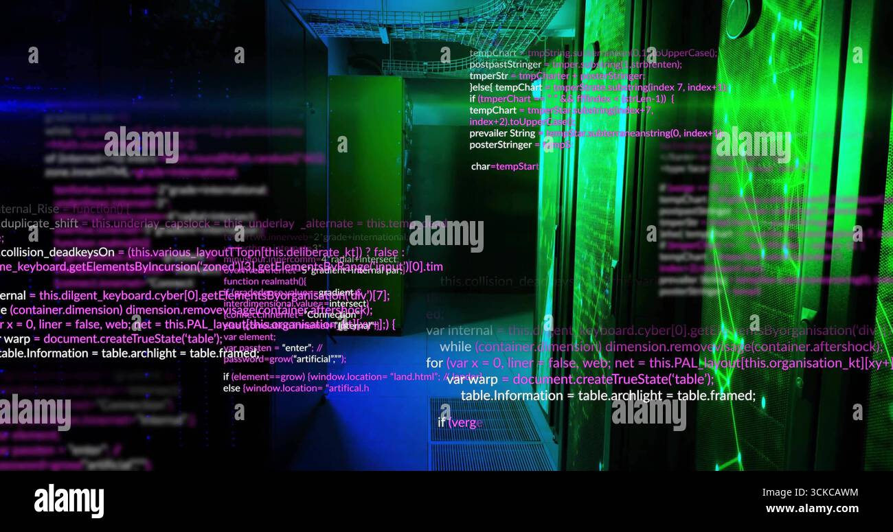 Glowing server cabinets and LED panels casting light in data center corridor, floating code bits. Futuristic, technology, networking, infrastructure, Stock Photo