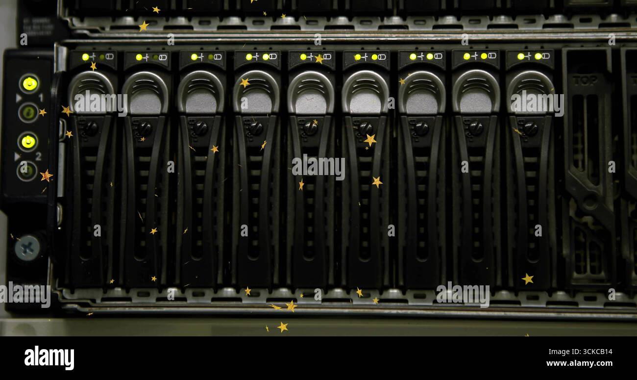 Server storage array displaying drive caddies with LED lights in data center rack, with empty bay. Technology, data, infrastructure, cybersecurity, di Stock Photo