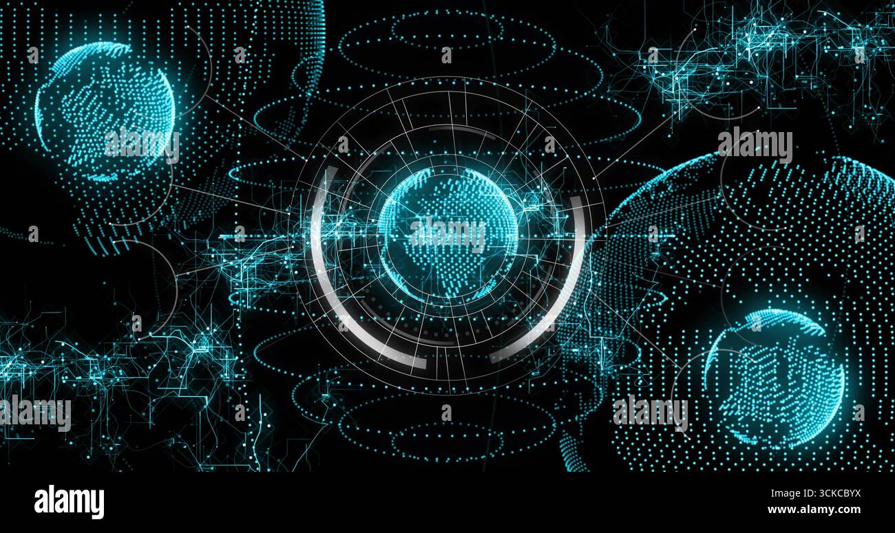 Rotating central digital globe within virtual data realm, featuring concentric rings, network lines. Cyberspace, futuristic, innovation, technology, c Stock Photo