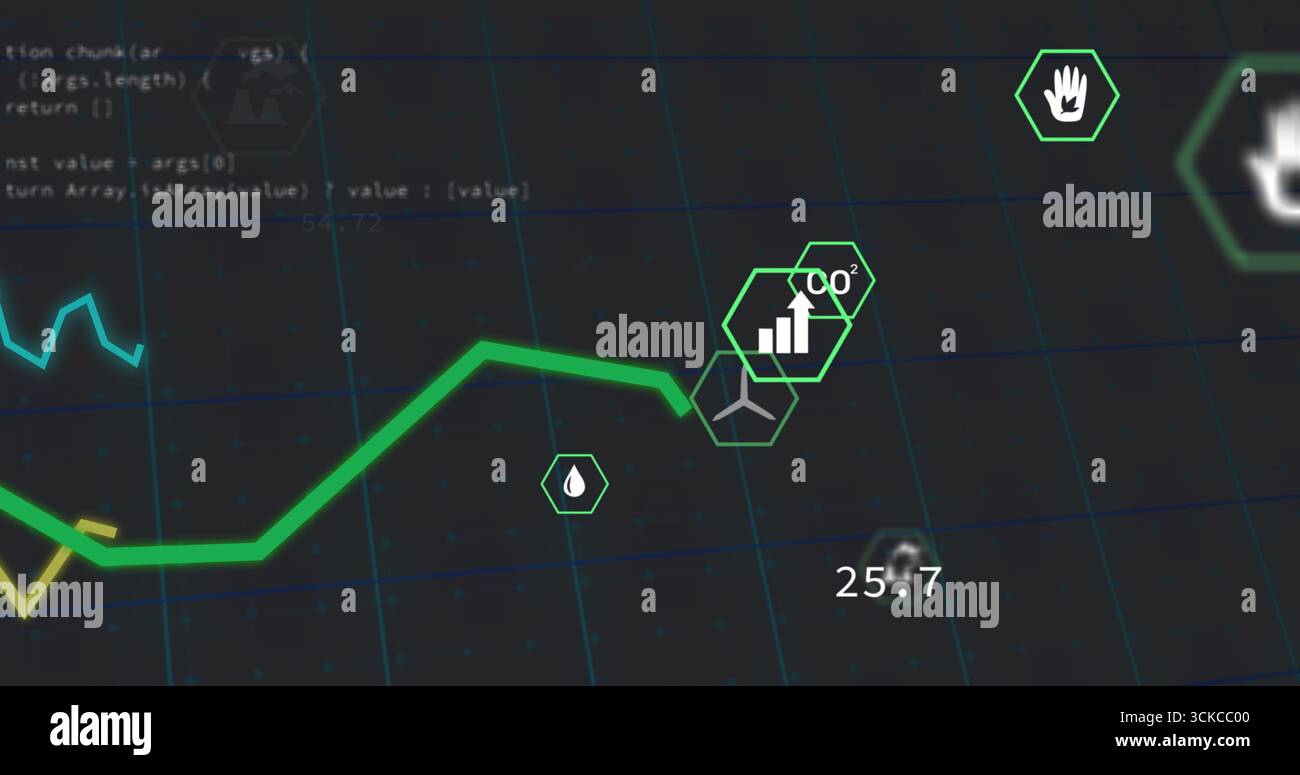 Displaying green graph on dashboard, with CO2, droplet, hand and turbine icons, numeric 25.7  and  code. Analytics, data visualization, dashboard, tec Stock Photo