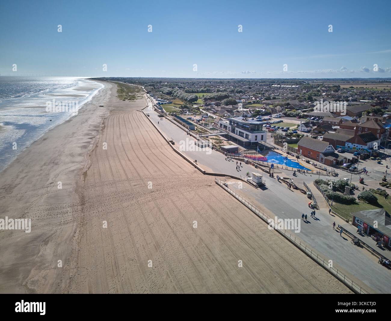 Aerial view of Sutton-on-Sea, Lincolnshire, England, showing sandy beach, promenade, and coastal townscape. Seaside resort on the Lincolnshire coast, Stock Photo