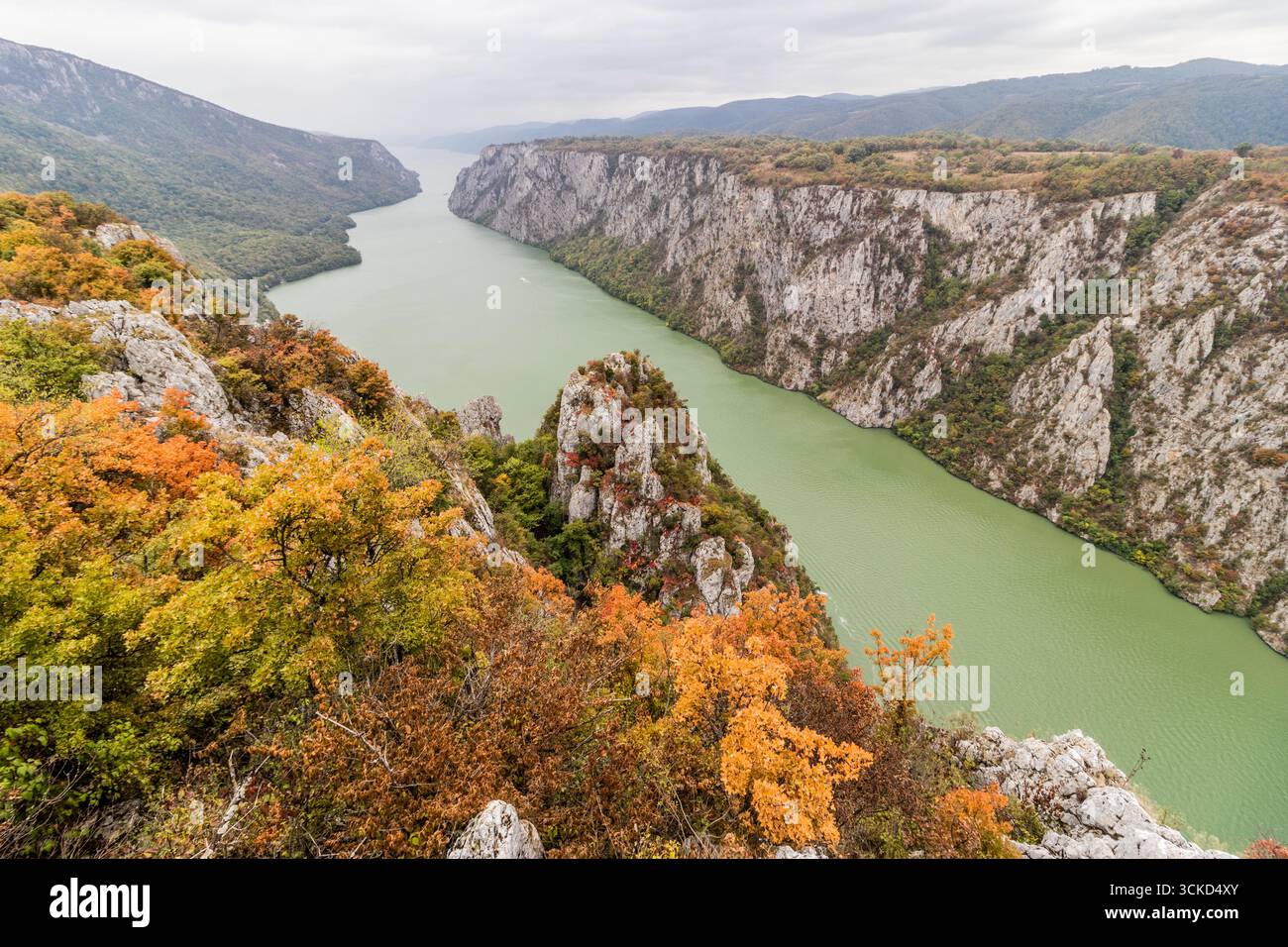 Aerial View Of The Iron Gates Gorge Of Danube River Between Serbia And Aerial View Of The Iron Gates Gorge Of Danube River Between Serbia And
