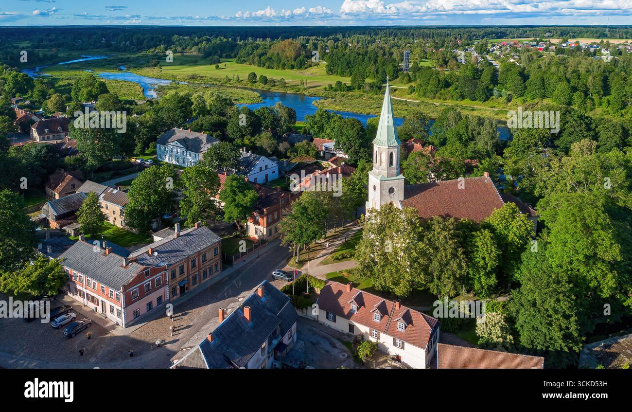 Aerial view of Saint Catherine's Lutheran church in Kuldīga, a ...
