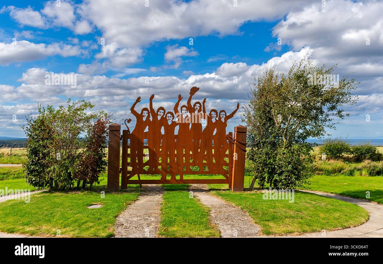 The Land Girls Gate the metal memorial at Clochan in Moray to women who served in the Land Army in Scotland Stock Photo