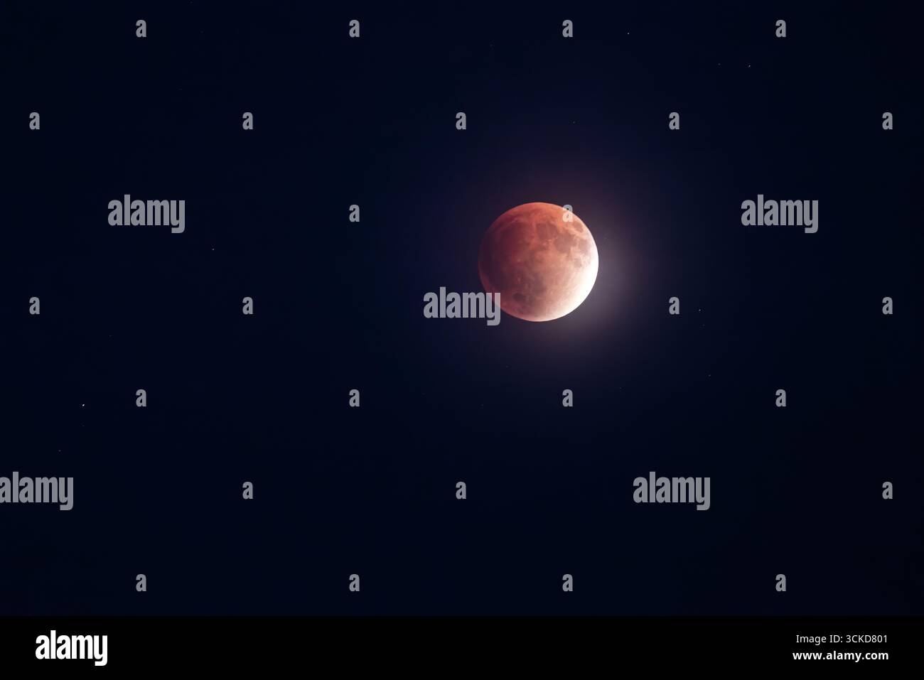 Red Moon During Lunar Eclipse in a Starlit Night Sky Stock Photo
