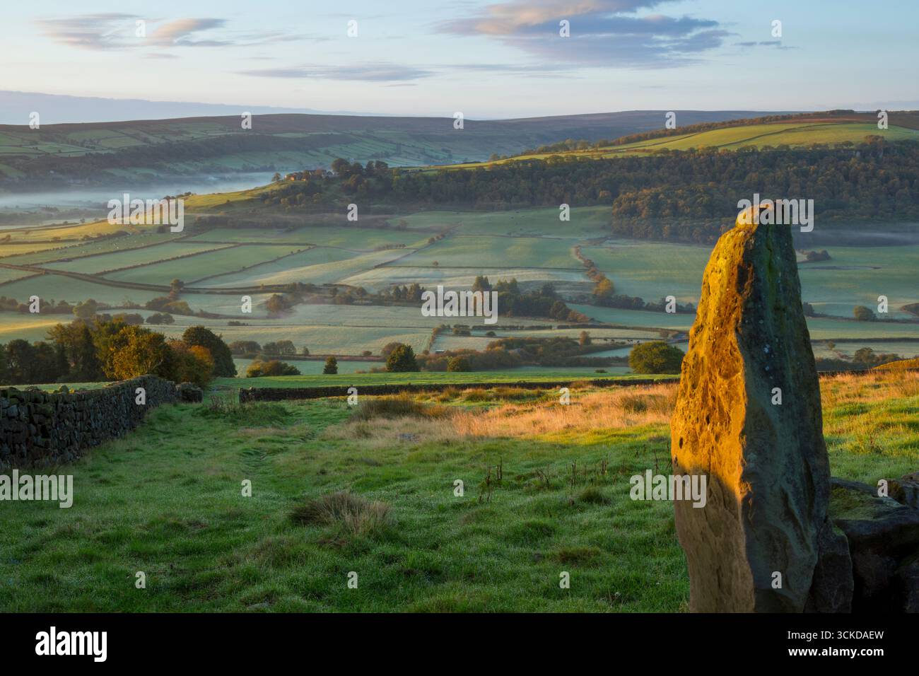 Early autumn morning view just after sunrise looking over the Esk valley towards Fryup Dale within the North York Moors national park - Stock Image