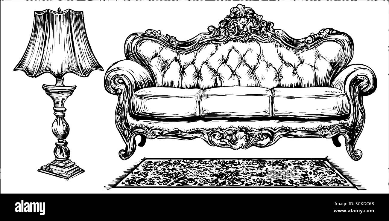 Vintage hand drawn engraved illustration of sofa and lamp set for retro ...