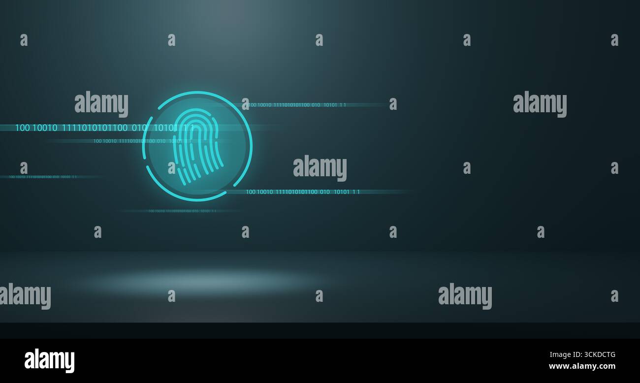 Futuristic digital fingerprint icon with binary code streams, symbolizing biometric authentication, cybersecurity, data protection, and privacy techno Stock Photo