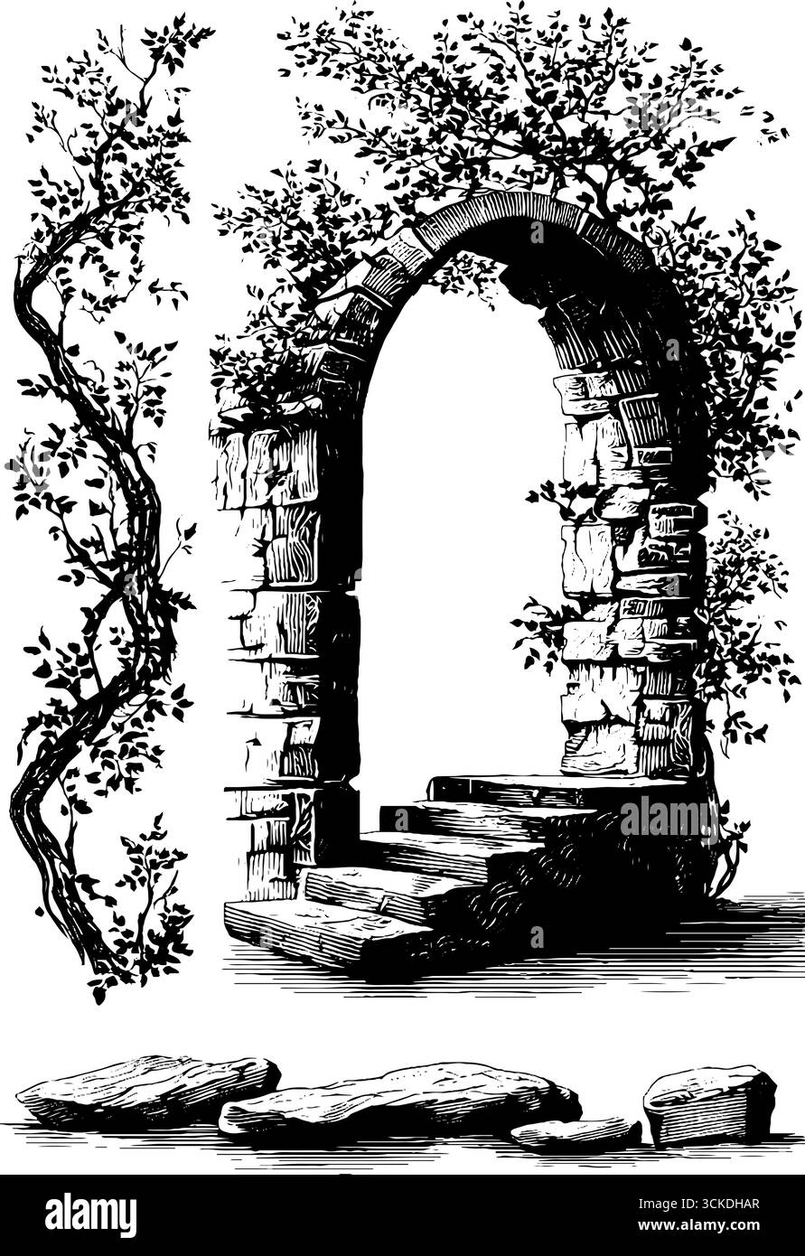 Gothic arch keystone engraved illustration with stone and vine details ...