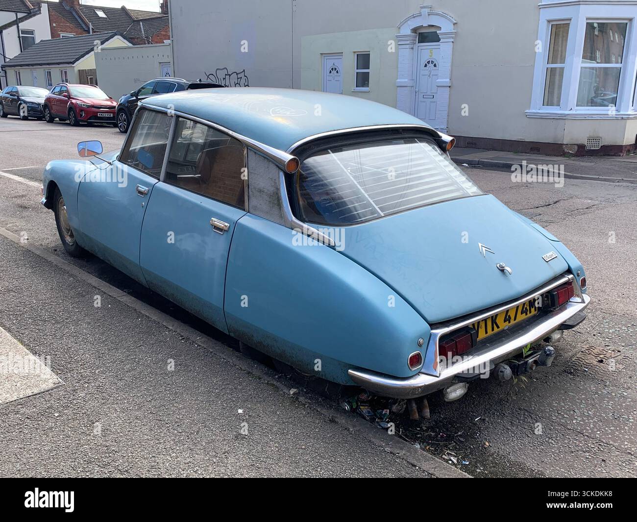 French car old historic blue street parked painted rot rotting famous big large type low pretty history french president De Gaulle Paris four door - Smartphone Captured Stock Image