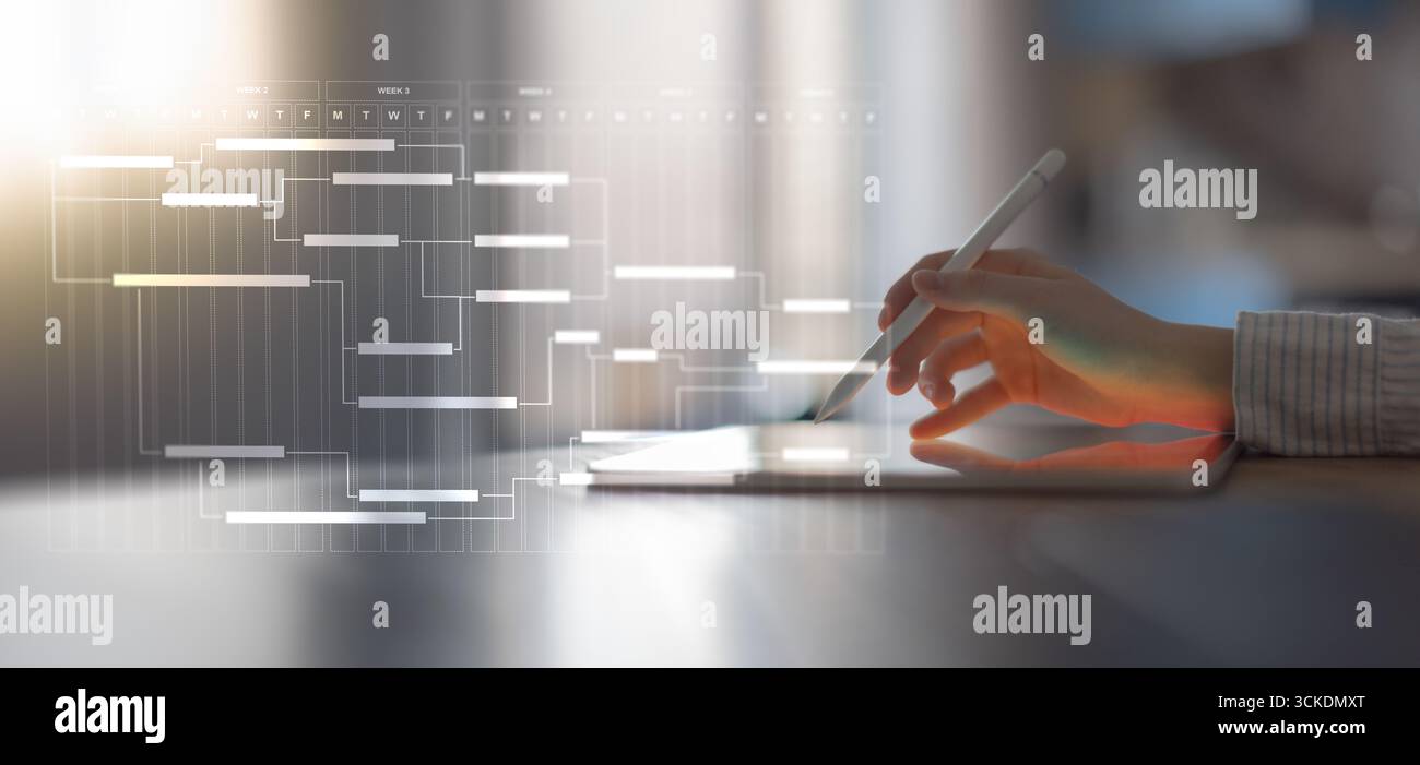 Project Management and Workflow Scheduling Illustrated on a Digital Gantt Chart Interface. Stock Photo
