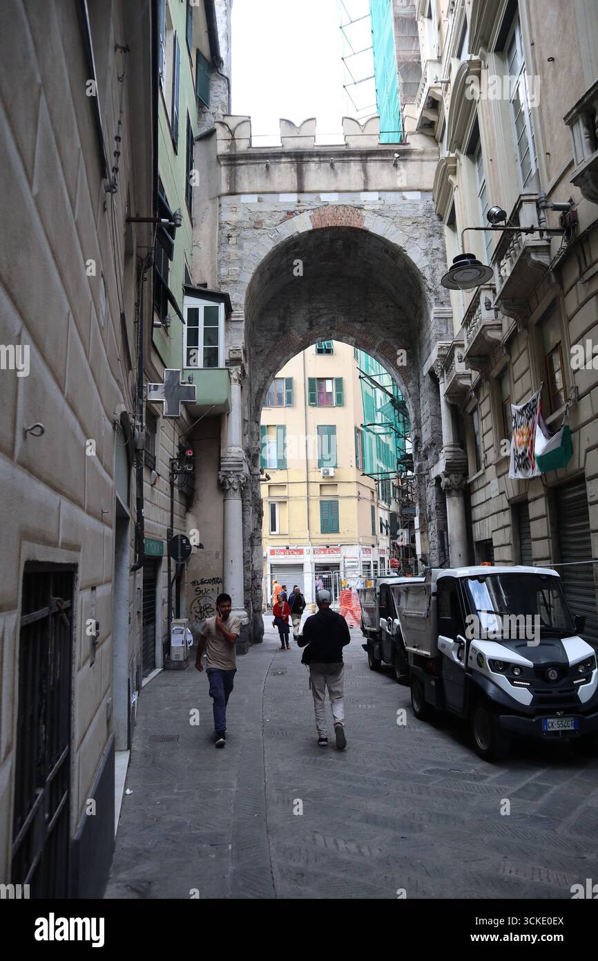 European City Break: A Walk through the Historic Streets of Genoa, Italy, near Porto Antico. Stock Photo