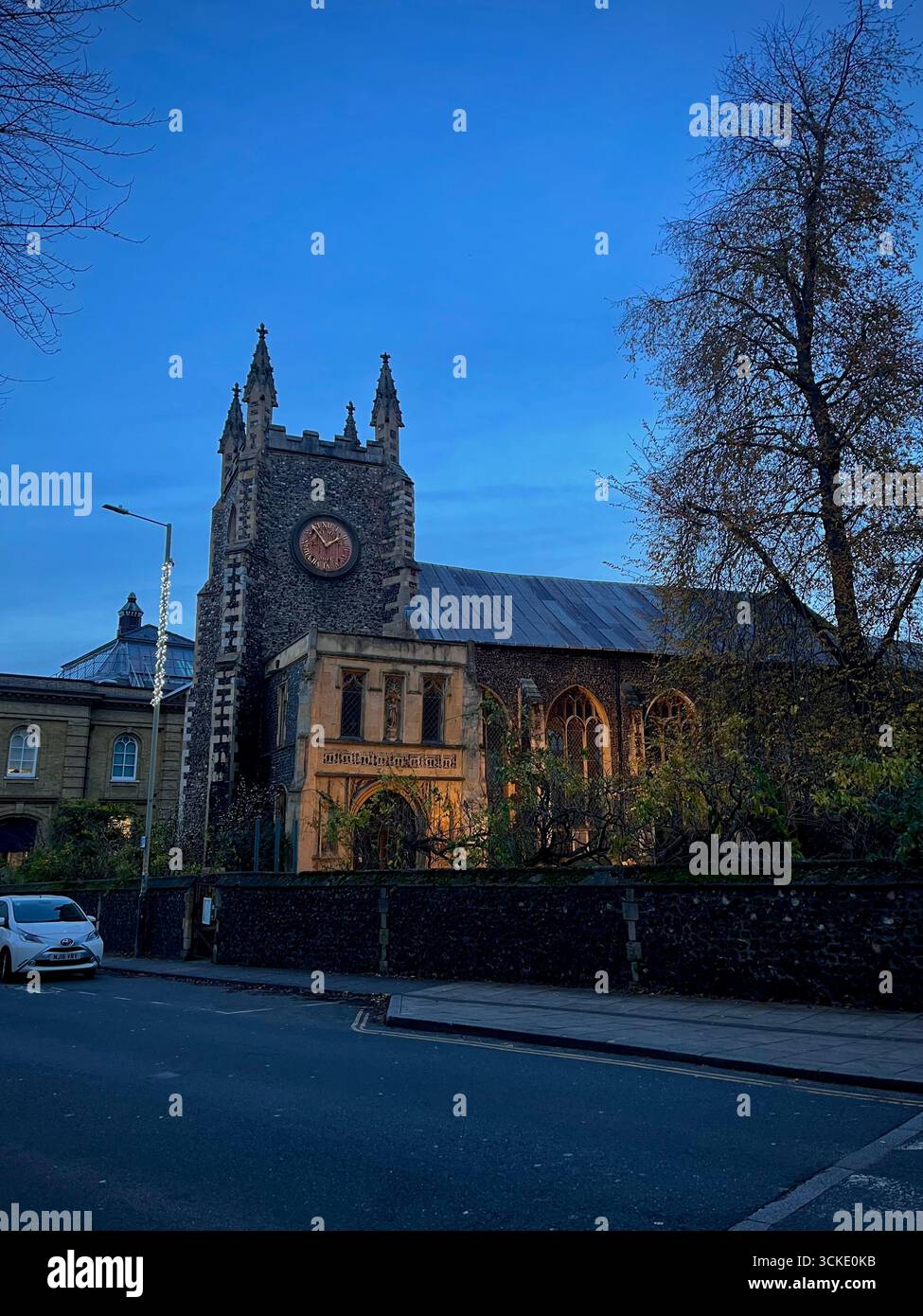 St Michael at Plea church, dating back 15th century, viewed on a walk in Norwich - Smartphone Captured Stock Image