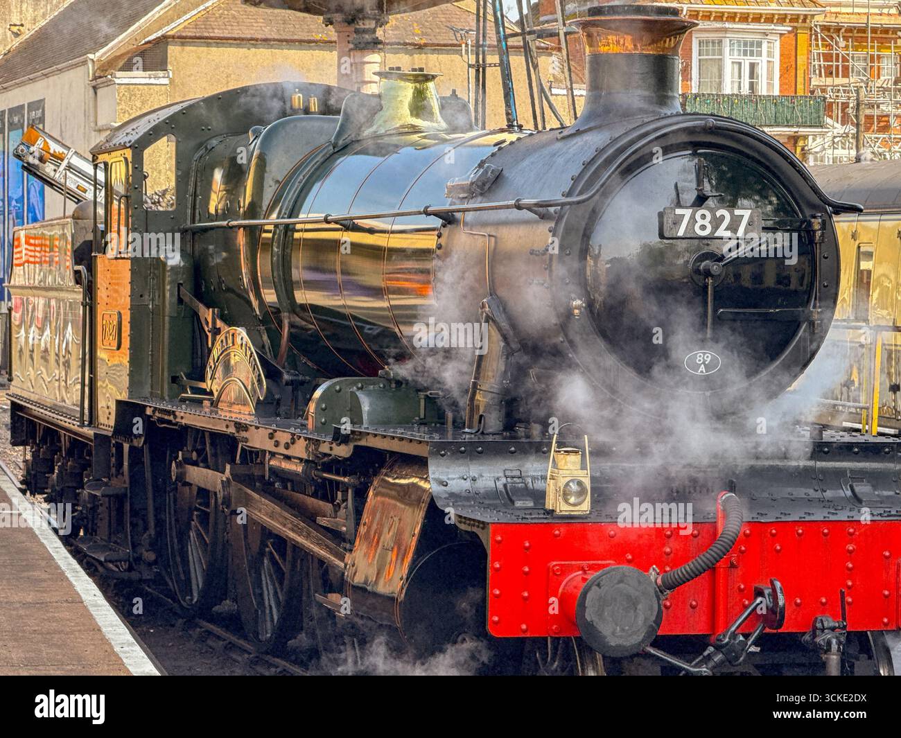 Paignton, Devon, England, UK - 24 April 2025: Steam engine Lydham Manor at Paignton railway station on the Dartmouth Steam Railway. - Smartphone Captured Stock Image