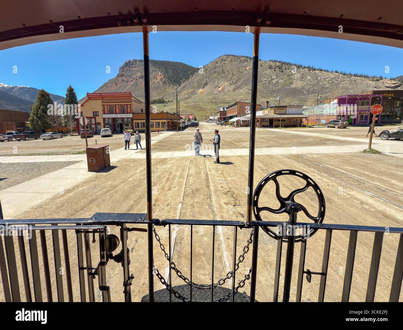 Silverton, Colorado, USA - 23 May 2025: Town of Silverton seen from the outside platform of a train on the Durango and Silverton narrow gauge railway - Smartphone Captured Stock Image