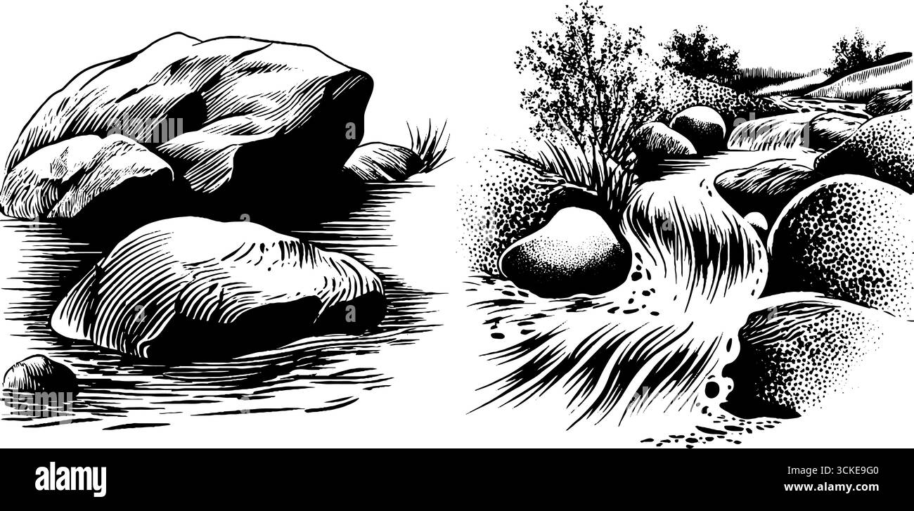 Stream With Rocks Svg Engraved illustration set of mountain stream and rocks for nature ...