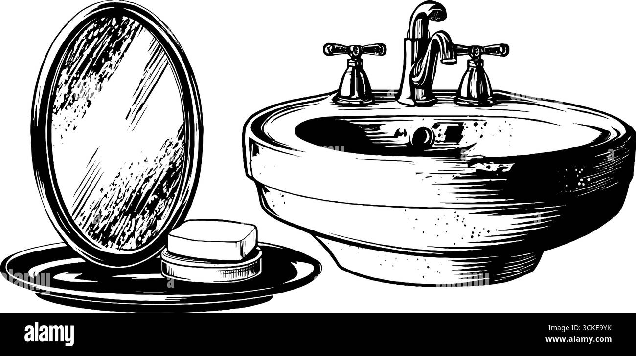 Vintage engraved illustration of porcelain sink with mirror and soap ...