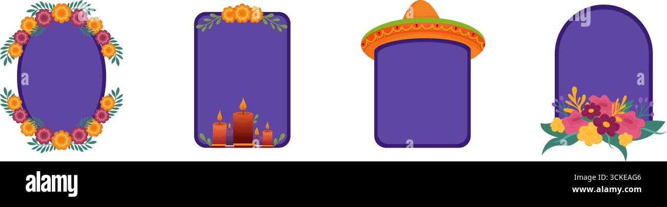 Set of four Mexican-themed blank frame with floral, candle, and sombrero decorations. flat style Stock Vector