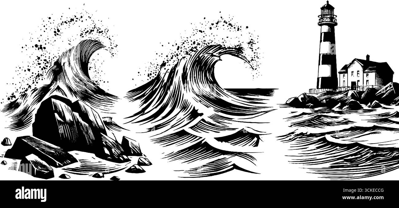 Vintage engraved illustration of storm waves hitting lighthouse scene ...