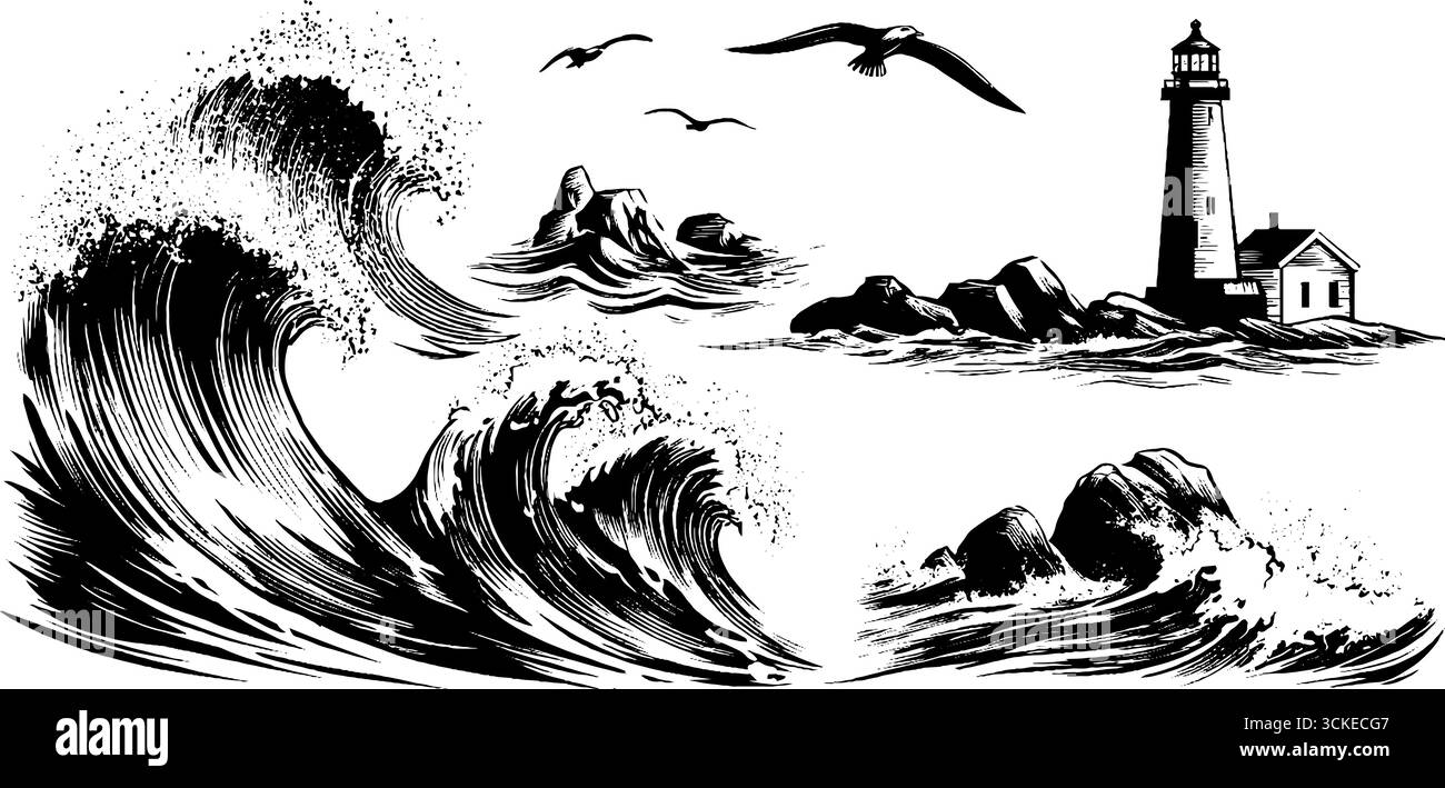Engraved illustration of stormy waves and lighthouse scene for nautical ...