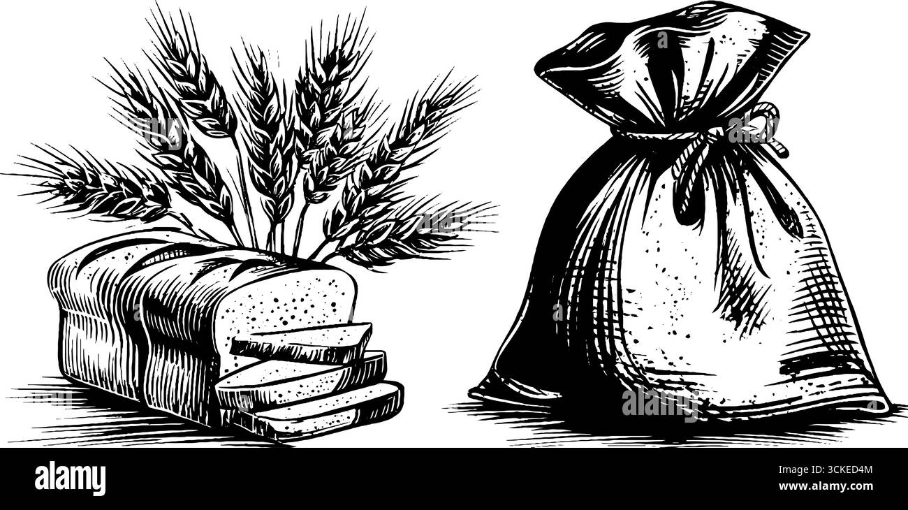 Vintage engraving of wheat stalk bundle with bread loaf and sack Stock ...