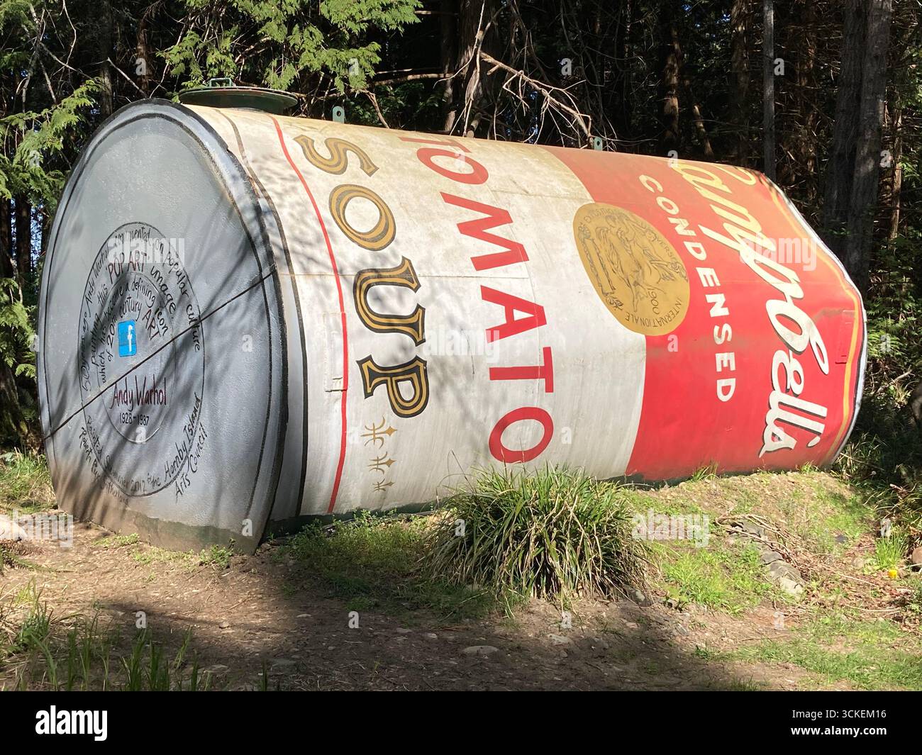Water tank painted like a can of Campbell Tomato Soup. Hornby Island, British Columbia, Canada - Smartphone Captured Stock Image