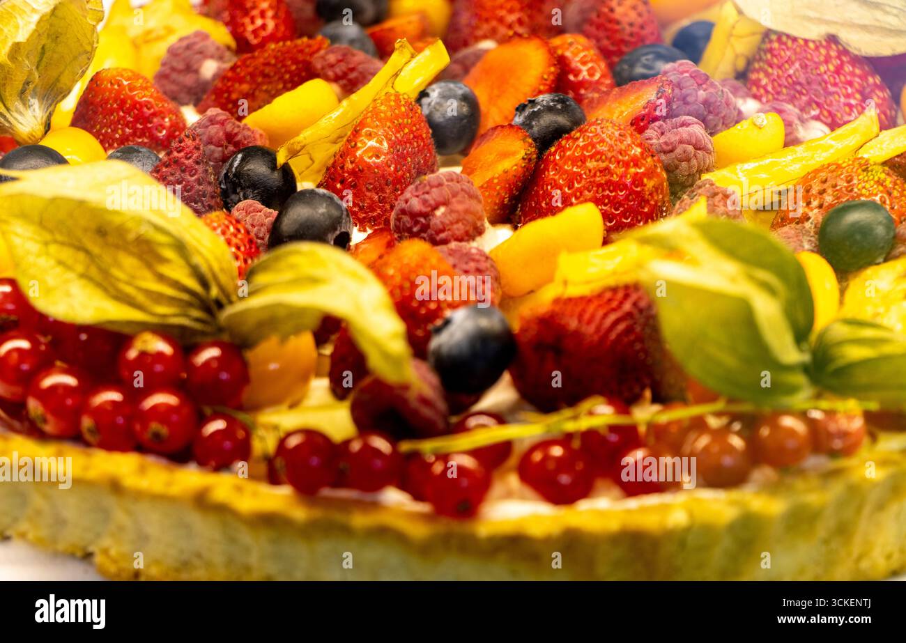 Fruit cake with berries close up Stock Photo