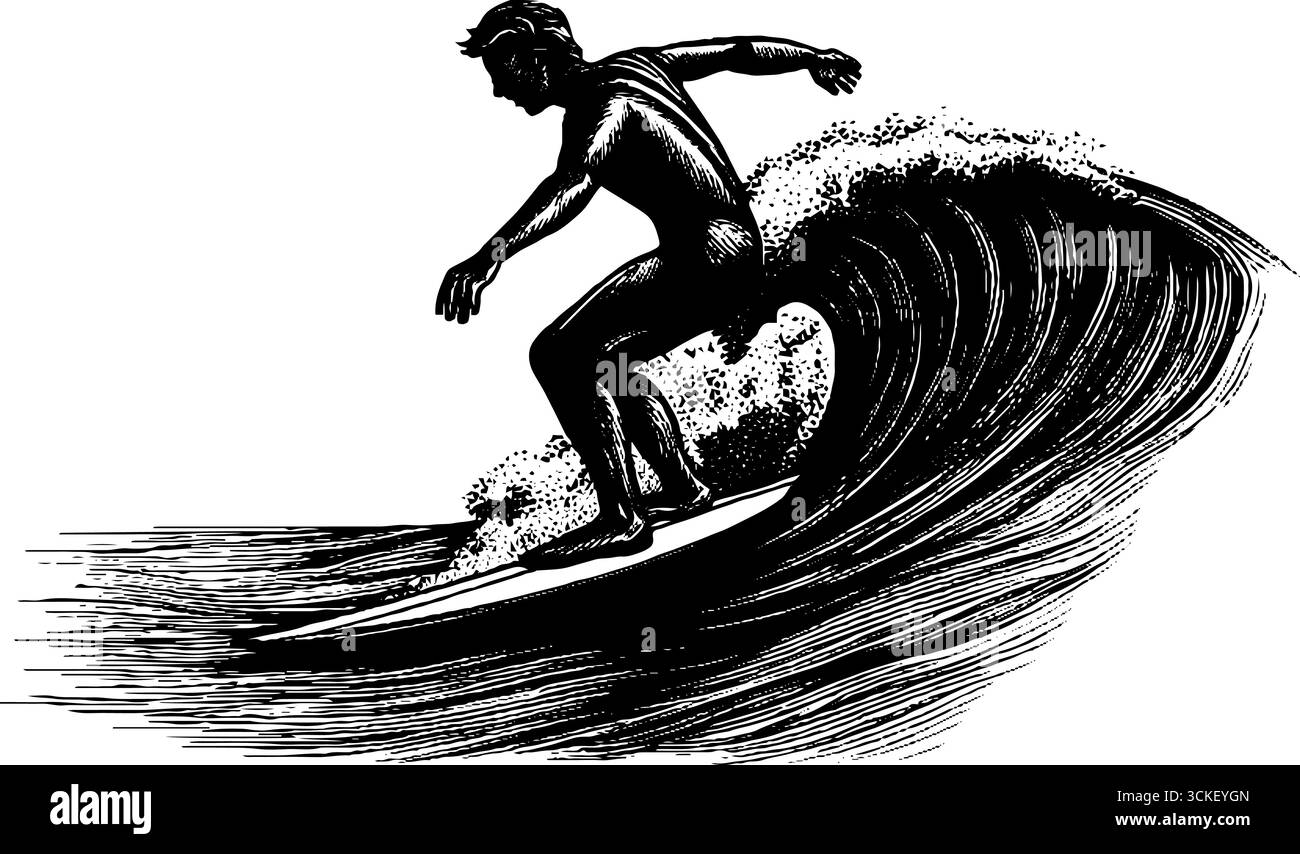 Vintage surfer silhouette riding a wave - retro engraving for design ...