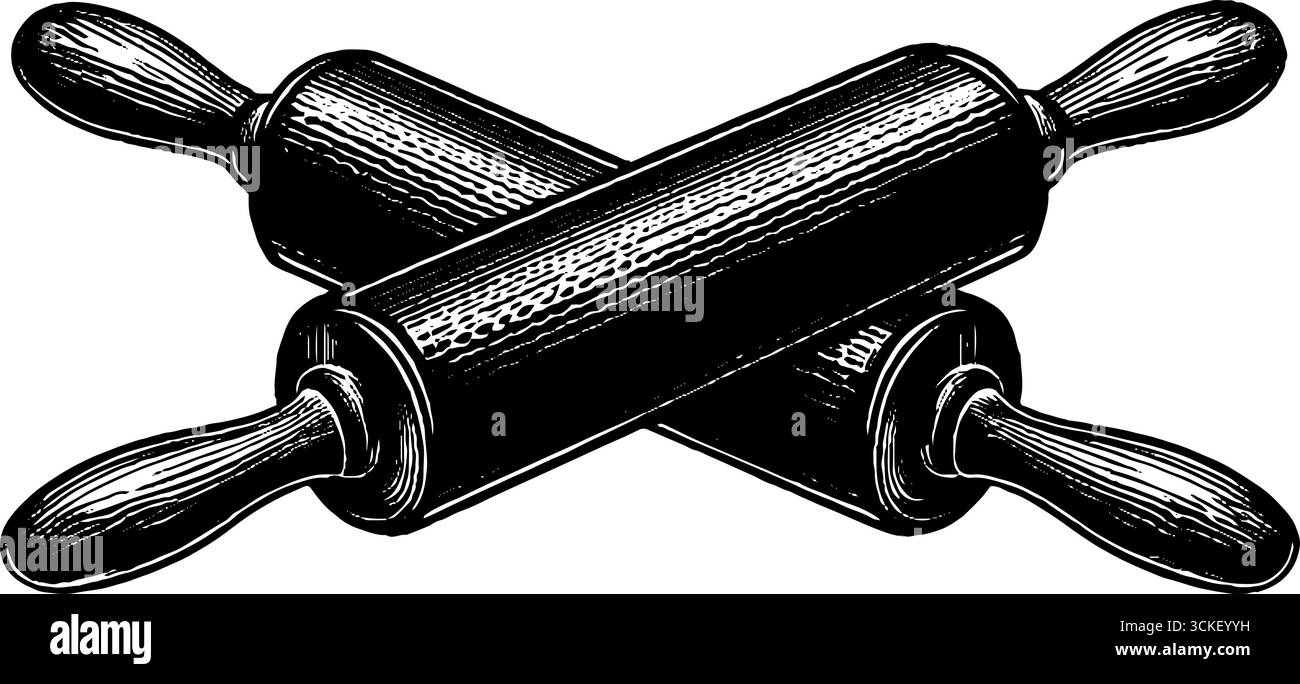Vintage engraved illustration of rolling pin with handles for retro ...