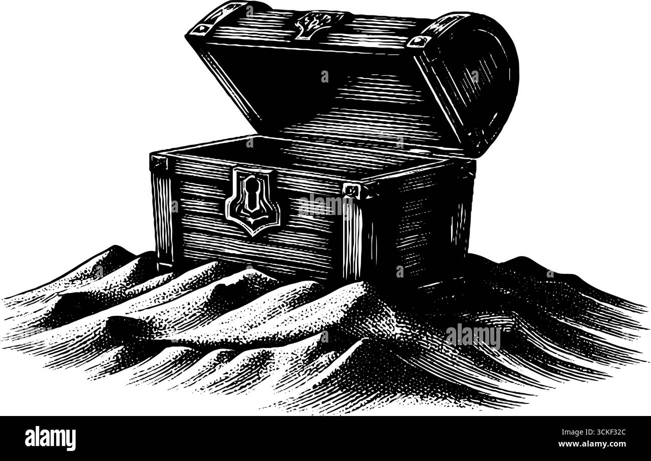 Vintage engraved illustration of treasure chest half-buried in sand for ...
