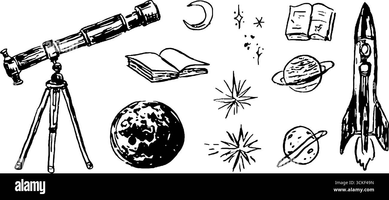 Black and white sketch collection of astronomy illustrations for ...