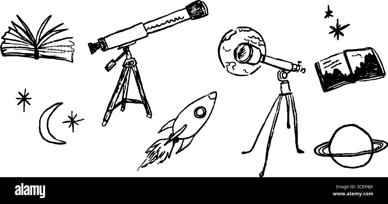 Black and white sketch set of astronomy concepts with telescope, rocket ...