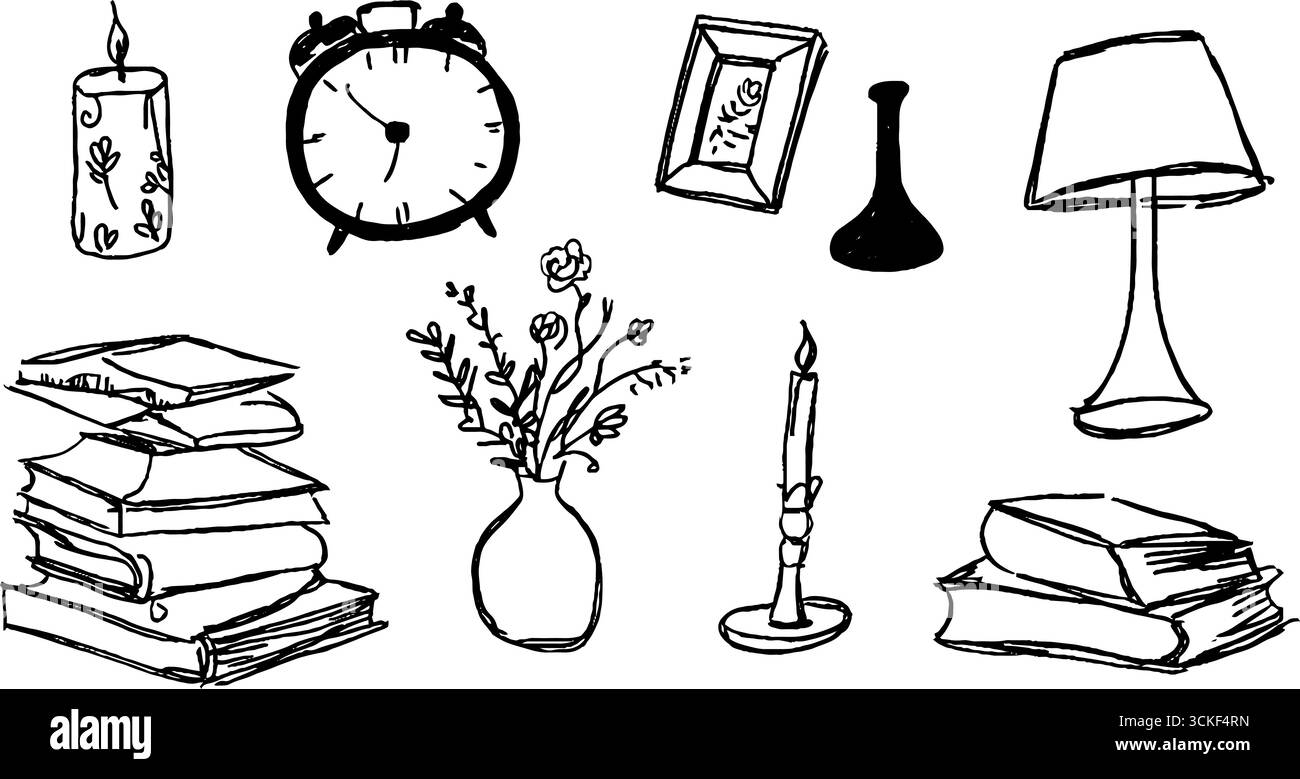 Black and white sketch collection of home and office items Stock Vector ...