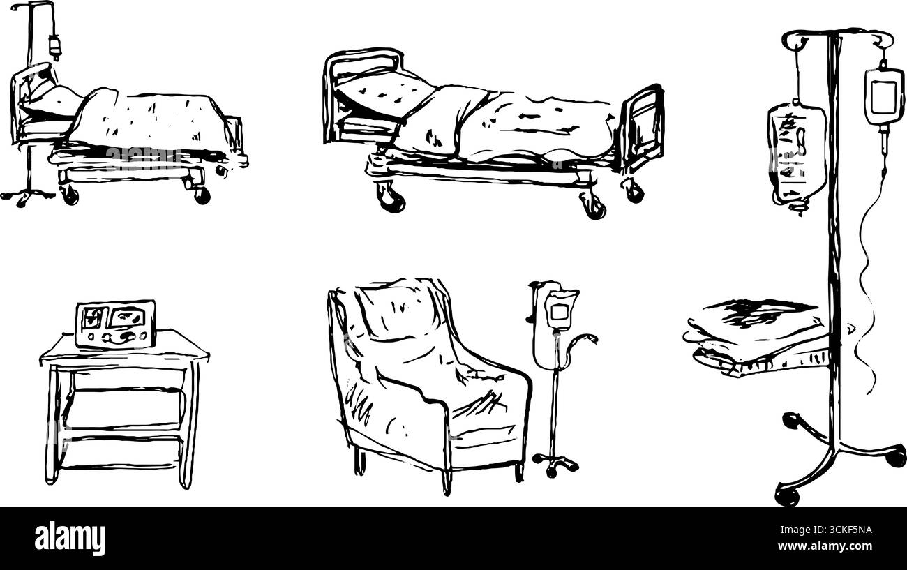 Black and white sketch illustration set of hospital equipment Stock ...