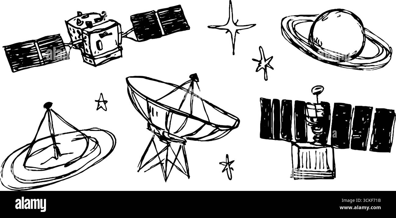 Hand-drawn black and white space exploration set featuring satellites ...
