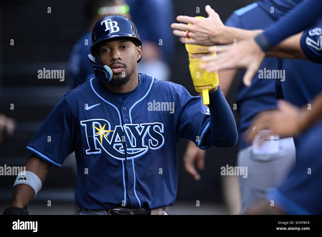 Tampa Bay Rays' Chandler Simpson celebrates with teammates in the ...