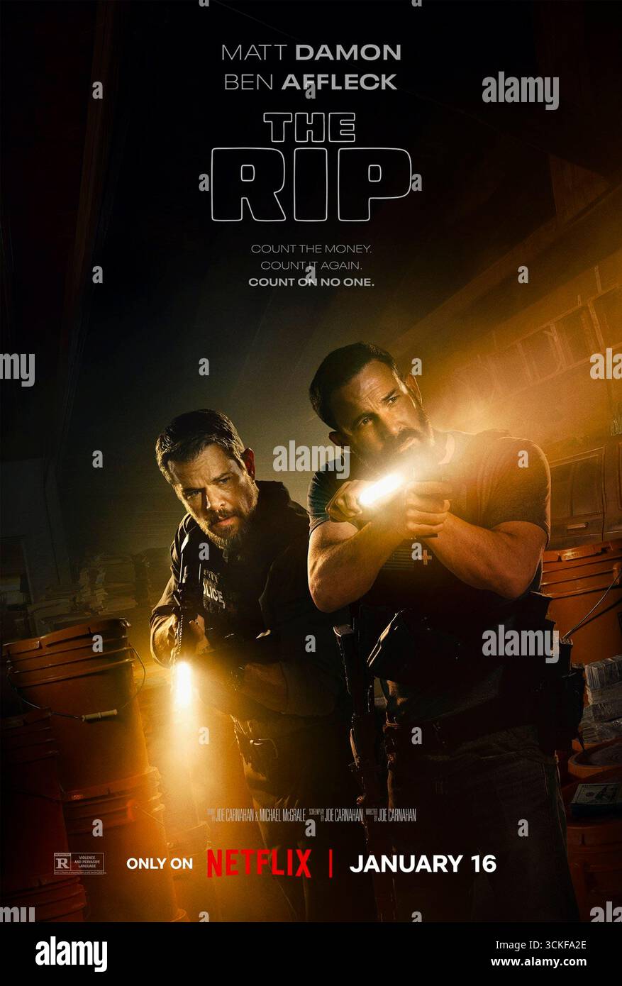 The Rip (2026) directed by Joe Carnahan and starring Matt Damon, Ben Affleck and Steven Yeun. When Miami cops discover millions in cash in a derelict stash house, distrust erupts among the team as outsiders learn of the secret, leading to paranoia, betrayals, and a dangerous struggle over loyalty and survival. Publicity poster EDITORIAL USE ONLY. Credit: BFA / Netflix Stock Photo