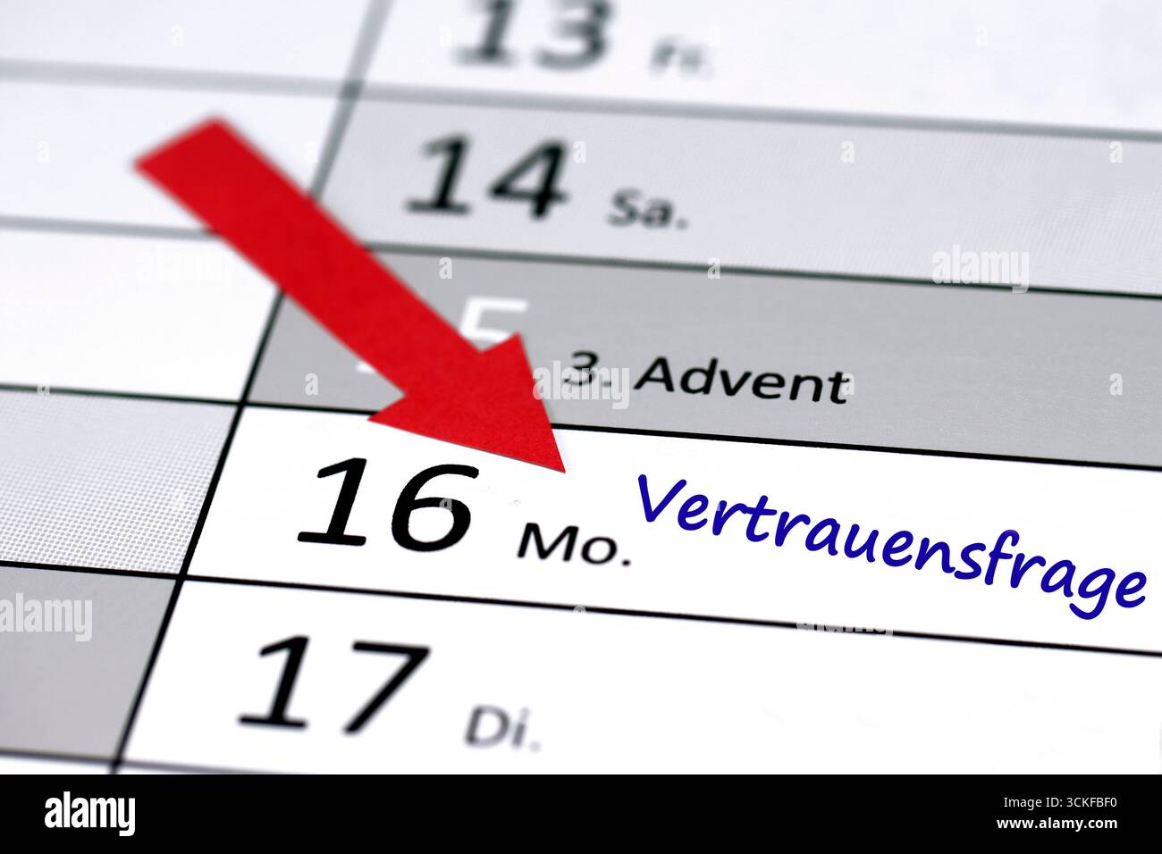 2024 annual calendar, December 16, vote of confidence in Chancellor Olaf Scholz in the German Bundestag, red arrow, Germany Stock Photo