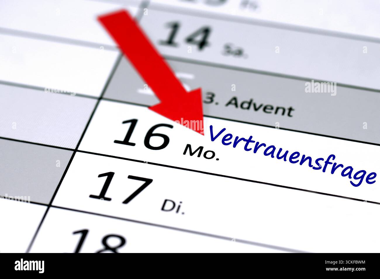 2024 annual calendar, December 16, vote of confidence in Chancellor Olaf Scholz in the German Bundestag, red arrow, Germany Stock Photo