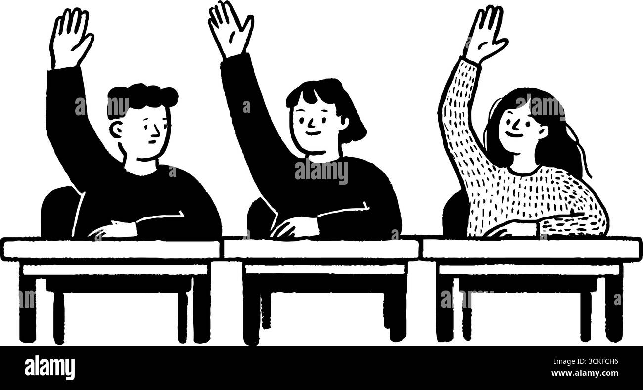Minimalistic black and white illustration of children raising hands in ...