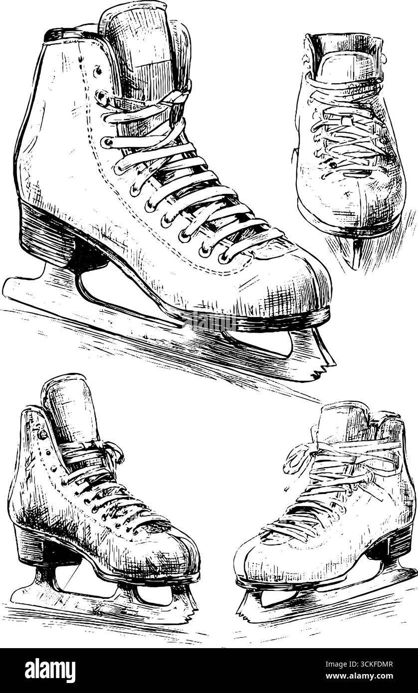 Detailed hand-drawn ice skates illustrations in black and white Stock ...