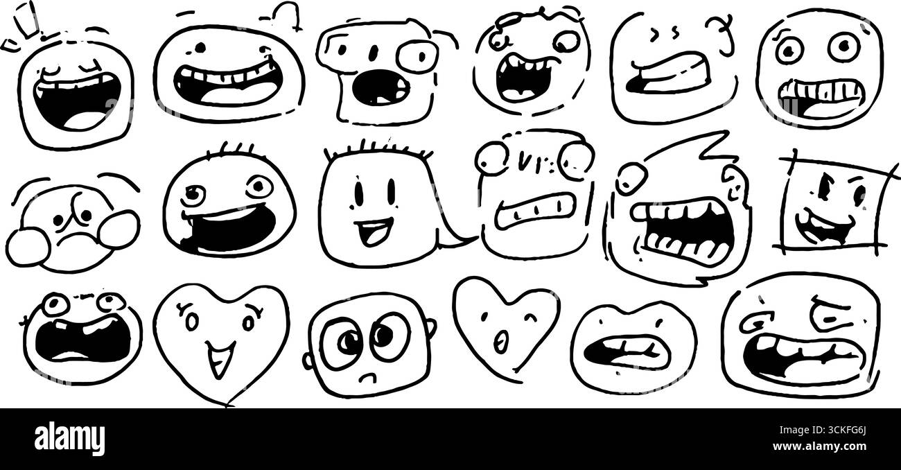 Playful doodle set of emotions featuring happy and sad faces for ...