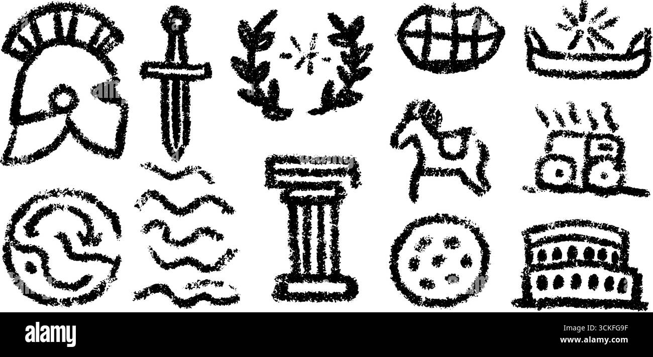 Hand drawn doodle set of roman icons featuring helmet, shield, and ...