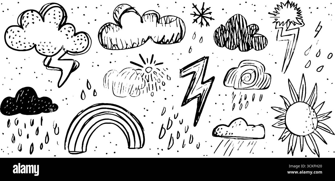 Hand drawn weather symbols doodle set with clouds, rain, and lightning ...